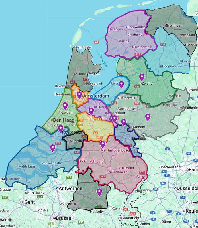 Regio-indeling op de contact pagina van Team4Teams